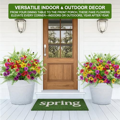16 Bundles 7 Styles Artificial Flowers for Outdoors, UV Resistant No Fade Fake Plants Outdoor Faux Flowers Plant Silk Daisy Boston Fern Lavender Flowers for Cemetery Outside Planters Porch Patio Home