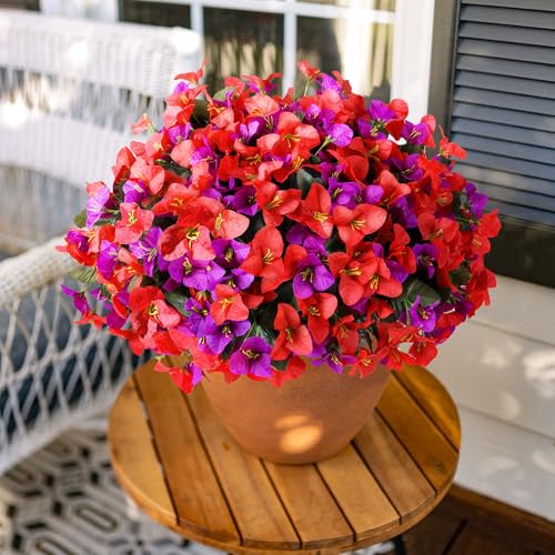 Artificial Faux Flowers for Outdoors Spring Summer Outside Decor, 4 Bundles Fake Silk Bougainvillea UV Resistant Look Real Faux Plants for Planter Patio Porch Window Garden Home Decoration, RedPurple - color: Redpurple