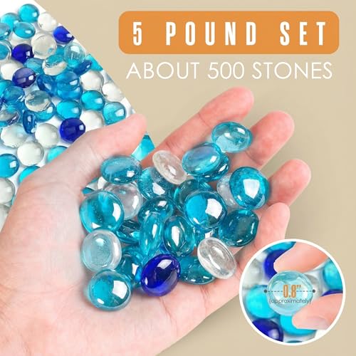 Houseables Glass Beads for Vases, Marbles for Vases, Glass Marbles, Blue & Clear Beads, Flat, Blue & Clear Gems, Filler, Crafts, Pebbles, Stones, Decorative Rocks, Plants, Flower, Fishbowl, 5LB, 500PC - color: Clear & Blue, size: 5LBS