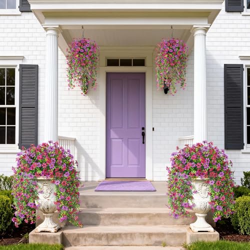 Artificial Hanging Flowers for Outdoors, 2 Pcs Fake Hanging Plant Spring Summer Decor, UV Resistant No Fade Realistic Faux Flower for Front Door Porch Planter Patio Garden Yard(Light Purple Red) - color: Light Purple Red