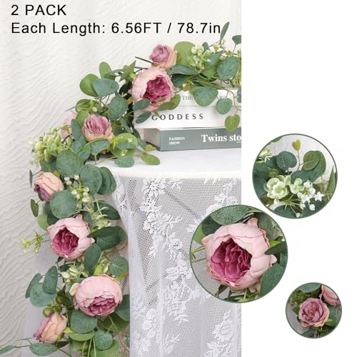2 Pack 13FT Flower Garland, Artificial Rose Vine Fake Flower Garland Silk Rose Peony Vines Faux Valentine Floral Garlands for Wedding Party Arch Table Backdrop Wall Decoration (Vintage Pink) - color: Vintage Pink, size: 2PCS