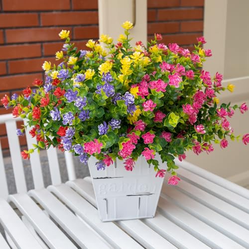 Artificial Flowers for Outdoors, 12 Bundles UV Resistant Artificial Outdoor Flowers, Not-Fading Plastic Fake Flowers for Outdoor Planters for Home Garden Porch Yard Decor, Mixed Color - color: Yellow+purple+red+pink