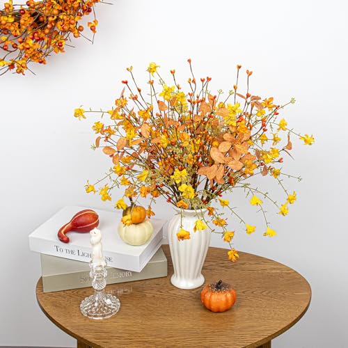 Artificial Fall Flowers with Berries 12 Pack Fall Floral Picks 17 Inch Orange Berry Stems with Orange Flowers Eucalyptus Leaves for Autumn Harvest Thanksgiving Day Flower Arrangements