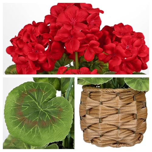 Briful Artificial Geraniums Flowers Potted Plant - 13.7'' Tall Faux Red Silk Realistic Lush Geraniums Flowers in Basket, Indoor&Outdoor Decorative Plant, Farmhouse Home Porch Office Patio Table - color: Red, Basket