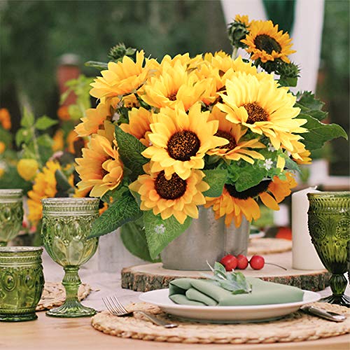 Mocoosy 4 Bunches Artificial Sunflower Bouquets, Fake Sunflowers with Stems, Silk Wildflowers Realistic Yellow Faux Sun Flowers for Wedding Decorations Fall Floral Arrangements Home Garden Table Decor