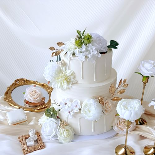 Ivory White Artificial Flowers Combo Box Set Silk Dahlia Roses Gold Leaves Stems DIY Bridal Wedding Bouquets Cake Boho Fake Floral Arrangements Baby Shower Party Table Centerpieces Home Decor Bulks - color: Ivory White, Cream