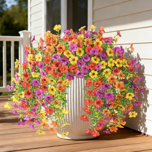 ZFProcess Artificial Flowers for Outdoors Spring Decoration, 2PCS Silk Fake Daisy Realistic Fake Outdoor Flowers UV Resistant Porch Patio Window Yard Decor - color: Purple+red+orange+yellow