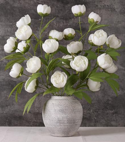 florisso 6 Pcs 27" Faux Silk Artificial Peony Flowers, Fake Peony Branches for Vase DIY Bouquet Centerpieces Wedding Shower Decorations, White - color: White