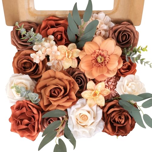 Terracotta Artificial Flowers Fake Roses with Stems Burnt Orange Floral Arrangements Bouquet of Flowers for Centerpieces Bridal Shower Party Home Fall Wedding Decor - color: Orange