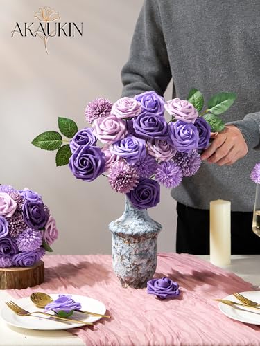 Artificial Flowers Combo Set Purple Faux Dahlia Roses DIY Wedding Decor | Silk artificial flowers arrangement set for home decor crafts reusable party bouquets DIY wedding table and event decorations - color: Purple, size: The Minimalist