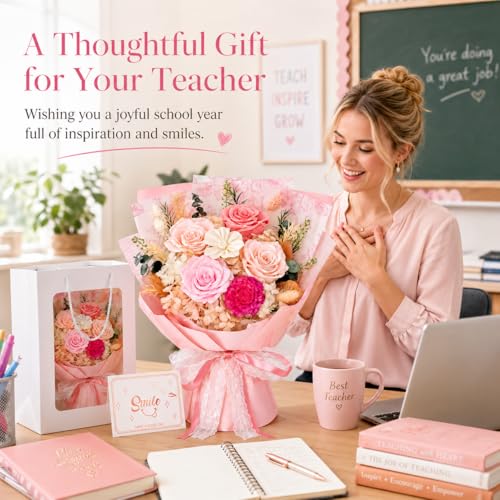 Pink Preserved Flowers Bouquet, Eternal Real Flower for Women Real Roses That Last 3 Years Handmade Floral Arrangement for Mother's Day Birthday Gifts Anniversary Surprise for Mom Women Her - color: Pink