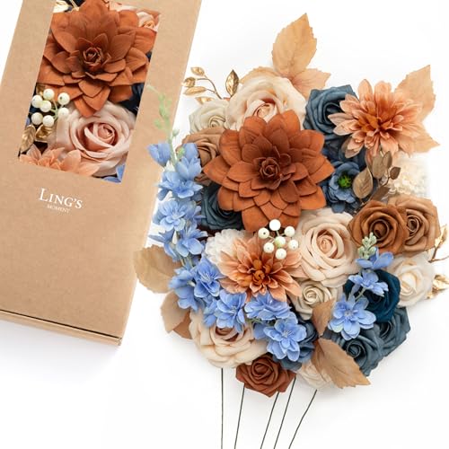 Ling's moment Burnt Orange & Navy Artificial Flowers and Greenery Deluxe Combo Box Set, Terracotta Fake Flower for DIY Wedding Bridal Bouquet, Centerpieces Decor, Floral Arrangement Decor, etc. - color: Or-burnt Orange & Navy, size: Deluxe