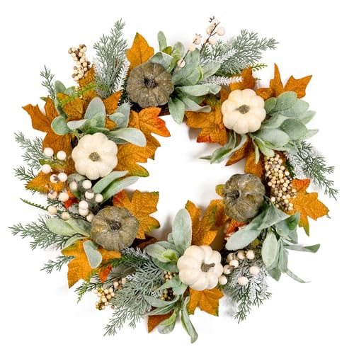 20" Fall Wreath Front Door Pumpkin Lambs Ear Maple Leaf Artificial Wall Decor Farmhouse Autumn Wreath Thanksgiving Home Porch Outdoor Indoor Holiday Harvest Decor - color: Clear, size: 20''