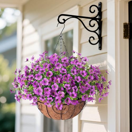 Ammyoo Artificial Faux Hanging Plants Flowers Basket for Spring Outdoor Decoration, Fake Silk Daisy UV Resistant Look Real with Eucalyptus Leaves Summer Outside Decor for Home Patio Garden - color: Purple
