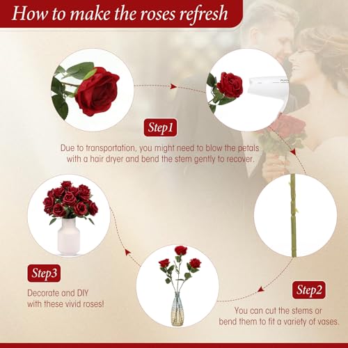 Hotop 40 Pcs Rose Artificial Flowers Bulk with Long Stem,Realistic Silk Fake Roses Bouquet for Home Wedding Centerpieces Party Table Decoration Valentines Gifts(Wine Red) - color: Wine Red