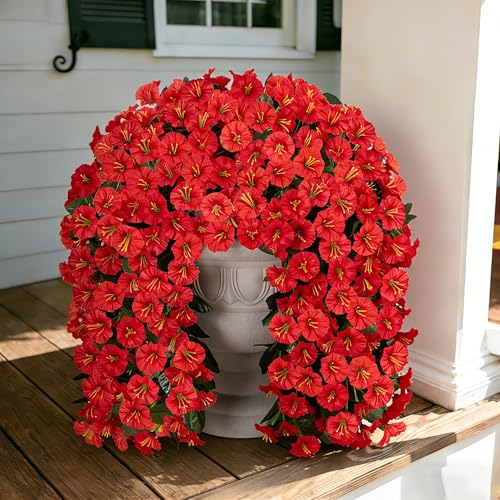 Artificial Flowers for Outdoor Decor, 2 Bundles Fake Silk Red Morning Glory Long Vines UV Resistant Realistic for Home Porch Patio Balcony Planter Decoration - color: Red