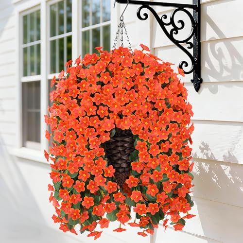 HyeFlora Artificial Fake Hanging Flowers Plants Baskets for Winter Christmas Outdoor Outside, Faux Silk Orange Daisy in Planter UV Resistant Orchid for Home Porch Garden Yard Patio Decor - color: Orange Daisy