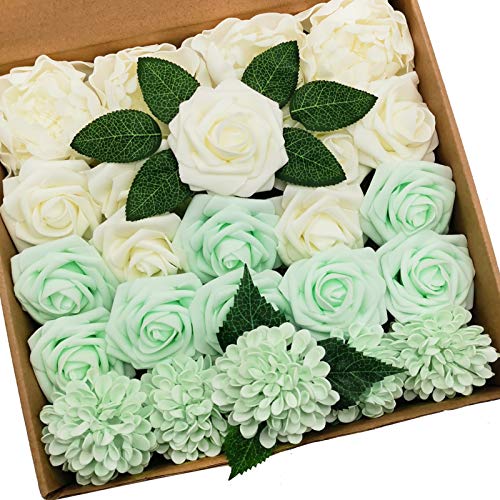 Artificial Flowers Combo Delicate Mint Green Mixed Flowers with Stem for DIY Wedding Bouquets Centerpieces Baby Shower Party Home Decorations - color: Delicate Ivory&mint Green