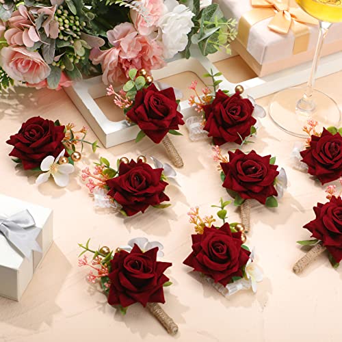 Sherr 12 Pcs Boutonniere for Men Wedding Flower Boutonniere Rose Corsage Set with Pin for Groom Groomsmen Prom Western Wedding Anniversary Dinner Fall Party Decor(Burgundy) - color: Burgundy