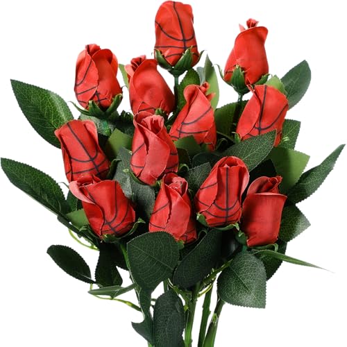 Suhine 12 Pcs Artificial Basketball Rose Flowers Sports Party Favors Bulk for Birthday Graduation Wedding Party Decoration Table Centerpieces Mom Team Coach Senior Night Gift(Basketball Color, Normal) - color: Basketball Color, size: Normal