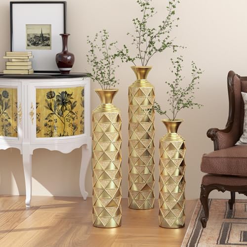 Floor Vases, Tall Home Decor Metal Vase Set of 3 Large Glazed Decorative Vases for Wedding Decor, Elegant Modern Flower Holder for Living Room, Entryway, Hallway - color: Geo Gold