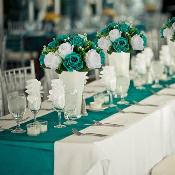 BLOSMON Flower Ball Centerpieces for Wedding: 10 Pcs Teal White Fake Roses Flowers Artificial for Table - Silk Kissing Bouquet Floral Arrangement Center for Home Party Event Decor | Artificial Floral Arrangement for Table - Faux Silk Kissing Bouquet with