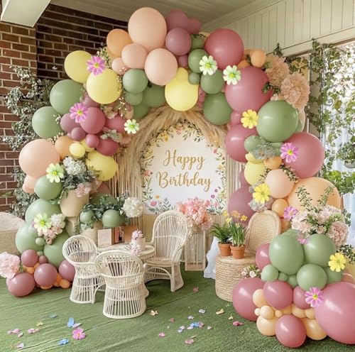 Pastel Pink Yellow Green Balloon Arch with Artificial Flower Double Stuffed Dusty Green Pink Peach Mauve Balloon Garland Kit for Tea Party Wildflower Spring Birthday Baby Shower Fairy Party Decor - color: Pink Green Yellow