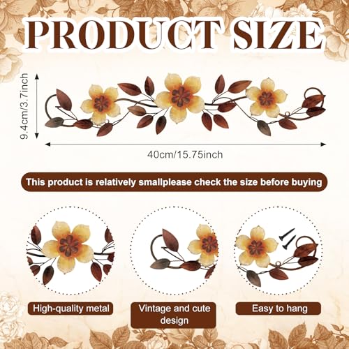 Wesiti Metal Flower Wall Decor Vintage Metal Flower Wrought Iron Scroll Sculpture 15.7''x3.7'' Not 3D, Flat Farmhouse Leaf Wall Decor with Nails for Summer Bedroom Kitchen Indoor Outdoor(Yellow) - color: Yellow