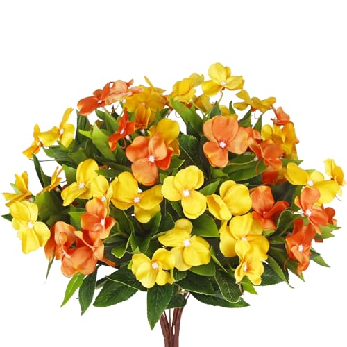 CITYES 4 Pcs Artificial Flowers Outdoor Impatiens UV Resistant Fake Silk Fall Flowers Orange Yellow Faux Flowers Impatiens Bushes for Outdoor Planter Pot Hanging Basket Porch Autumn Fall Decor - color: Orange, Yellow