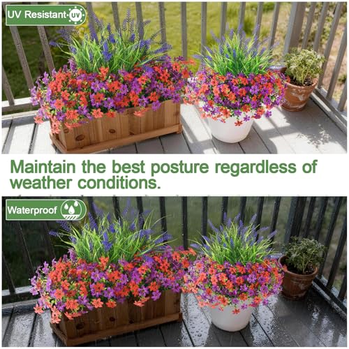 Artificial Flowers for Outdoors UV Resistant, 14 Bundles Fake Flowers Daisy with Lavender Faux Outdoor Plants Silk Flower for Outside Planters Patio Porch Window Garden Yard Spring Summer Decoration - color: Fuchia Red