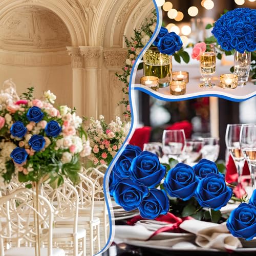 90 Pcs Royal Blue Velvet Rose Artificial Flowers with Long Stems, Fake Silk Roses Real Touch Fake Roses Florals for Birthday Wedding Bouquet Party Arrangement Decorations - color: Royal Blue