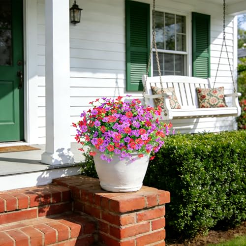 Ammyoo Artificial Fake Plants Flowers for Outdoor Spring Summer Decor, 12 Bundles Faux Silk Daisy for Planter Pot Colorful UV Resistant Look Real for Front Door Porch Patio Outside Yard(Purple Red) - color: Purple Red