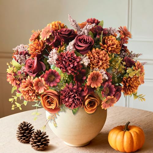 Homsunny Artificial Fake Fall Flowers Centerpieces for Table Decoration, 4 Pcs Faux Silk Flower Arrangements with Mums Chrysanthemum Rose Daisy Floral Bouquets for Home Wedding Party Autumn Decor - color: Orange Brown