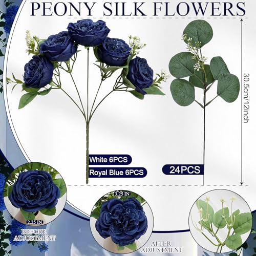 Peonies Artificial Flowers Bulk, 12 Bundles Fake Silk Peonies Faux Eucalyptus Bouquet Realistic Peony Floral Arrangement for Wedding Table Centerpiece Vase Decor (Royal Blue & White) - color: Royal Blue & White
