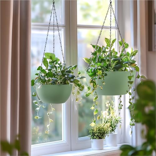 T4U 12 Inch Hanging Planters for Indoor Outdoor Plants, 2 Pack Plastic Hanging Planter, Indoor Hanging Plant Pots, Hanging Basket with Drainage Holes, Flower Pots for Garden Home Decor, Green - color: Green, size: 12 In