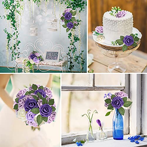 AmyHomie Artificial Flower Seriesc Purple Rose 25pcs Real Looking Fake Roses w/Stem for DIY Wedding Bouquets Centerpieces Arrangements Party Baby Shower Valentines Day Christmas Tree Decorations - color: Seriesc Purple