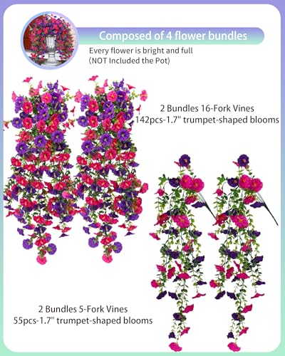 UV Resistant Cascading Artificial Hanging Flowers for Outdoors Decoration,4 Bundles NO Fade Realistic Faux Silk Plants Colorful Morning Glory for Outside Garden Yard Planter Front Porch Decor - color: Rose+purple