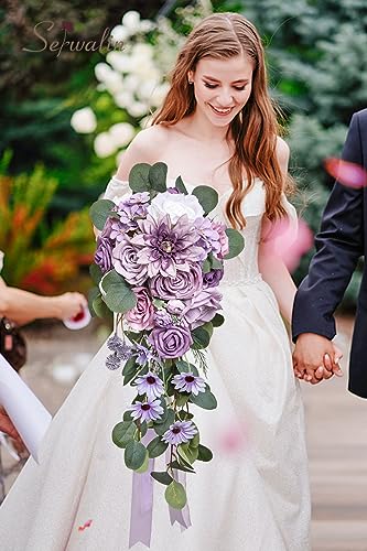 Serwalin 9.8 Inch Wedding Bouquets for Bride Bridesmaid, Purple Dahlia Bridal Bouquets for Bride, Wedding Flowers Bouquet Tossing Bouquet, Wedding Ceremony and Anniversary Decoration - color: Purple