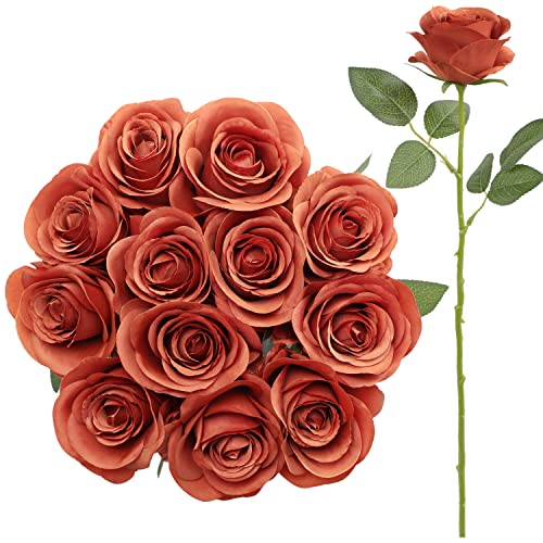 JUSMAI 12pcs Roses Artificial Flowers Burnt Orange Fake Roses Flowers with Long Stems Silk Flowers for Wedding Bouquet Centerpices Decorations Party Bridal Baby Shower Home Decor - color: Burnt Orange, size: 12PCS