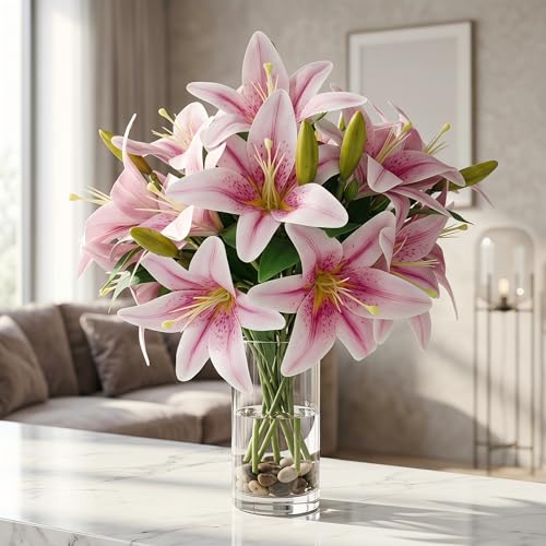 ATFL Artificial Lilies Flowers,9 Pcs Faux Lily Flowers,16''Tiger Lily Branches with 2 Full Blooms and 1 Bud,Faux Fake Lilies Plants for Wedding Bouquet Floral Arrangements (9, Purple) - color: Purple