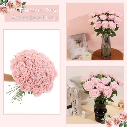 50Pcs Pink Roses Artificial Flowers Fake Rose Faux Velvet Silk Flowers for Home Wedding Decoration (Pearl Roses - Light Pink) - color: Pearl Roses - Pink Light 50p
