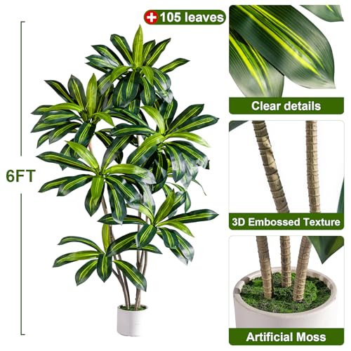 Tall Fake Tree Artificial Trees Plant with White Planter Pot Indoor Outdoor Potted Silk Plants Large Faux Trees loor Floor for Home Living Room Decor Outside Patio para decoracion Housewarming Gift - size: 6ft