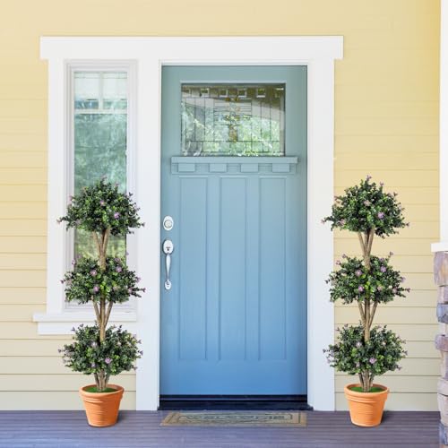Goplus 51" Artificial Triple Ball Boxwood Topiary Tree, Faux Bush Plant with 59 Blossoms, Cement-Filled Plastic Pot, Sun-Resistant Indoor Outdoor Fake Greenery for Porch Home Decoration Housewarming - color: Purple