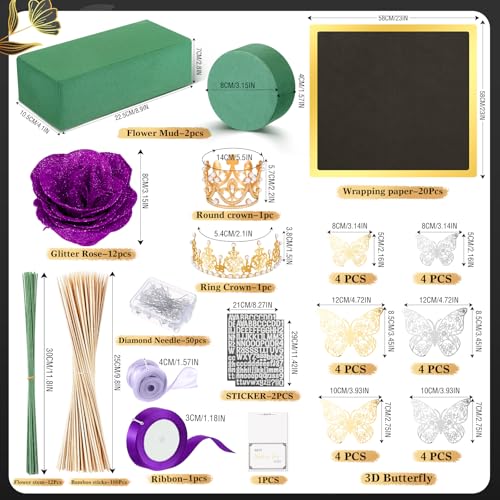 Money Bouquet Kit 12 Pcs Glitter Roses 20 Sheet Flower Wrapping Paper DIY Flower Bouquet Floral Foam Blocks Sticker for Anniversary Birthday Mother's Day Graduation(Purple) - color: Purple