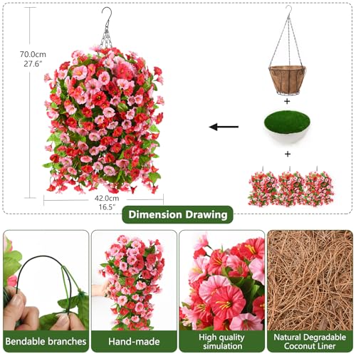 Homsunny Artificial Faux Hanging Flowers Plants Baskets for Outdoor Spring Summer Decorations,Resistant Fake Morning Glory Silk Plants for Outside UV Resistant Patio Yard Home Porch Decor(Rose red) - color: Rose Red