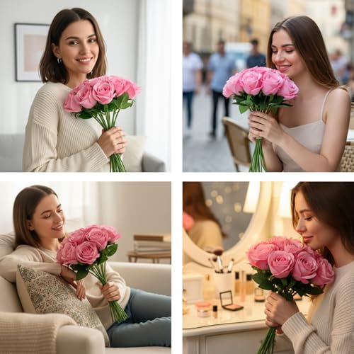 Pink Artificial Roses, Bunch of 18 Fake Pink Roses with Stems, (12") 30cm Silk Flowers Bouquet for Outdoor & Indoor Events Wedding Party Home Decoration & Gifts-DIY & Crafts - color: Pink