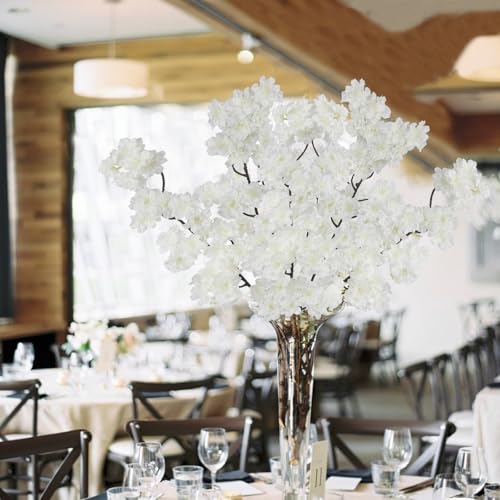 2 Pcs Artificial Cherry Blossom Flowers Branches 41" Faux Cherry Blossom Long Stem White Silk Cherry Blossom Tree Tall Fake Flower Arrangement for Home Wedding Centerpieces Spring Indoor Decor - color: White