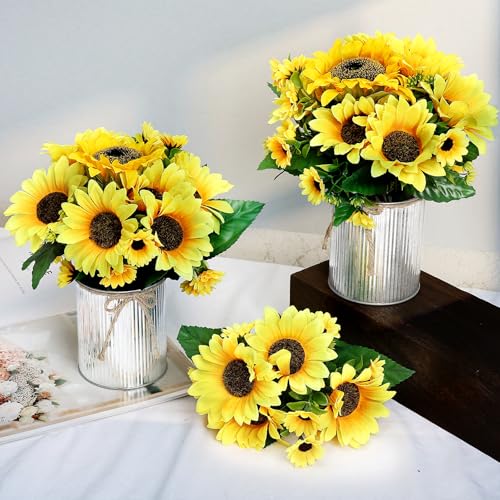 Artificial Sunflower Table Centerpieces - Set of 6 Faux Spring Summer Sunflowers Arrangements with Rustic Metal Vase for Kitchen Office Bathroom Home Farmhouse Wedding Party Decorations - color: Yellow