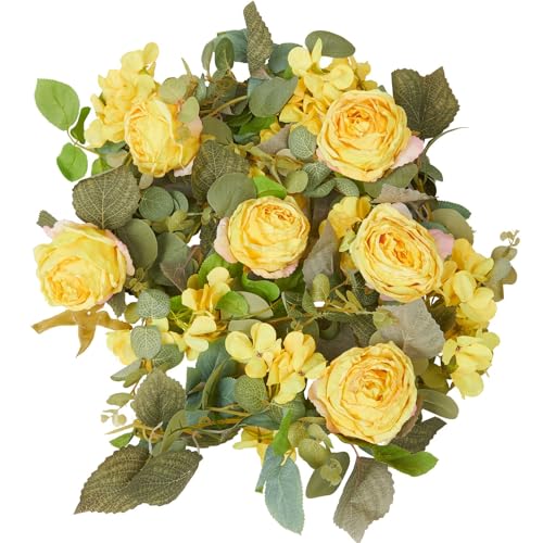 PONKING Flower Garland Artificial Rose & Hydrangea Vine Hanging Fake Flowers Vines for Wedding Birthday Party Valentines Christmas Room Wall Arch Decor, 1 Rose & 1 Hydrangea Yellow Floral Garland - color: Large Rose & Hydrangea Yellow Vines 5.4ft