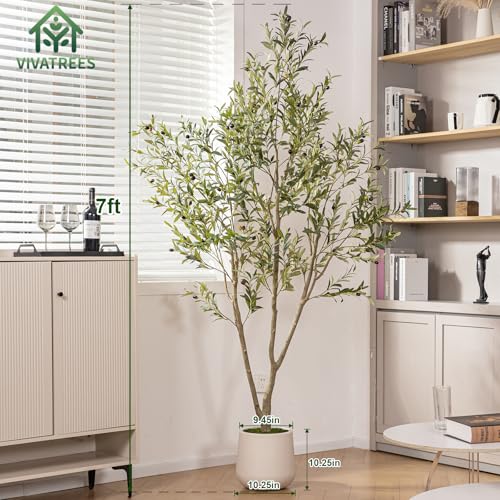 VIVATREES Olive Trees Artificial Indoor, 7FT Tall Faux Olive Tree with White Tall Planter, Artificial Plants with Natural Wood Trunk and Lifelike Fruits for Home Office Decor - color: White-7ft